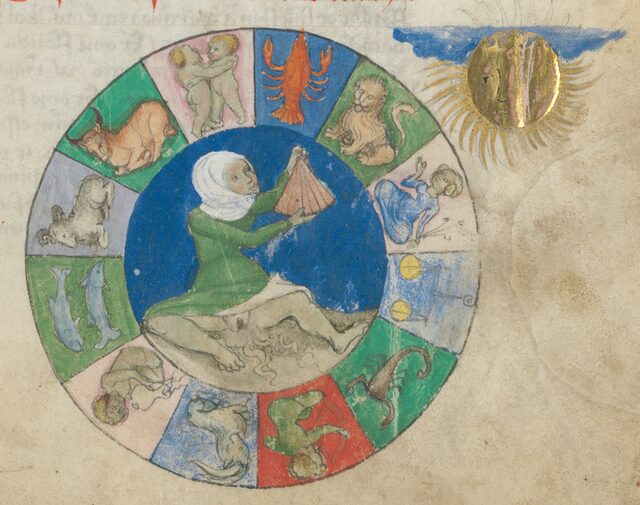 Color alchemical miniature from the Aurora Consurgens in gold, red, and blue