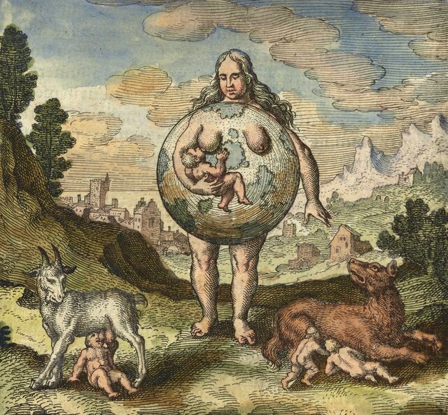 Color emblem plate from Michael Maier’s Atalanta Fugiens depicting an alchemical allegory in a landscape