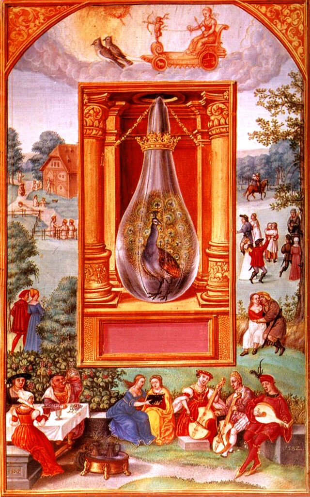 Color alchemical plate of a consecrated glass vessel holding a peacock, set like a shrine between columns