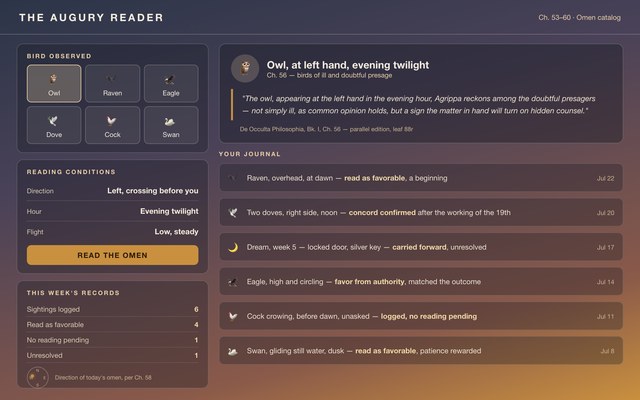 Design mockup for The Augury Reader