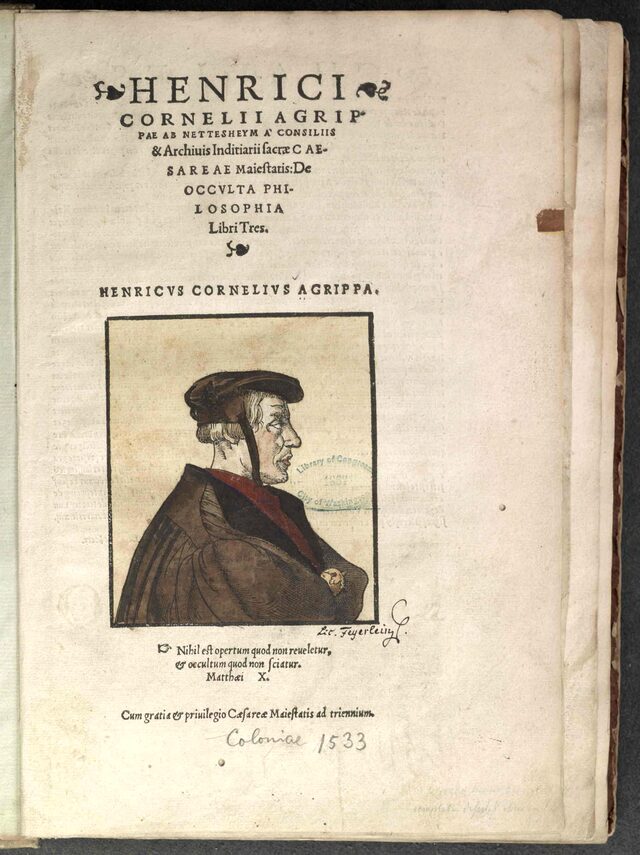 Title page of De Occulta Philosophia, Cologne 1533, with woodcut profile portrait of Agrippa and a handwritten Coloniae 1533 annotation