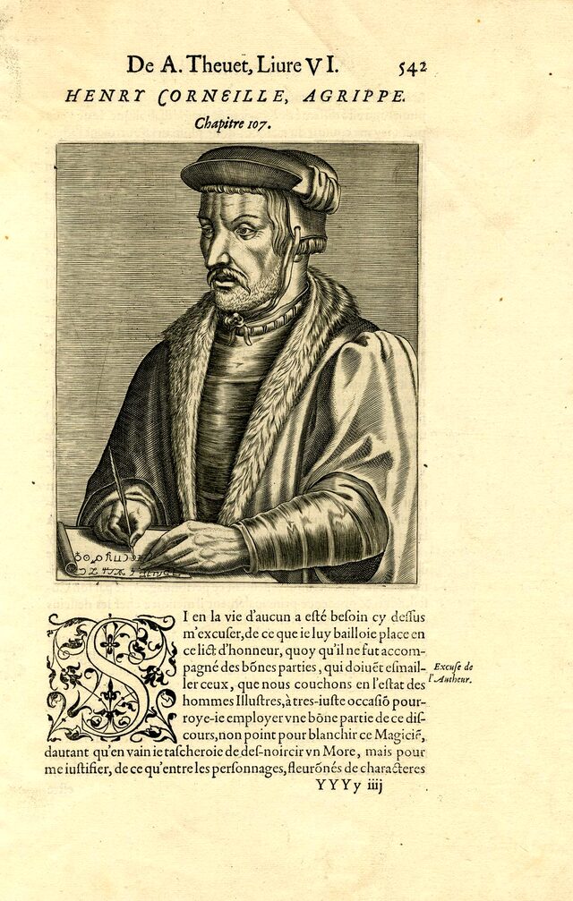 Engraved portrait of Heinrich Cornelius Agrippa in cap and fur-collared robe, writing with a quill