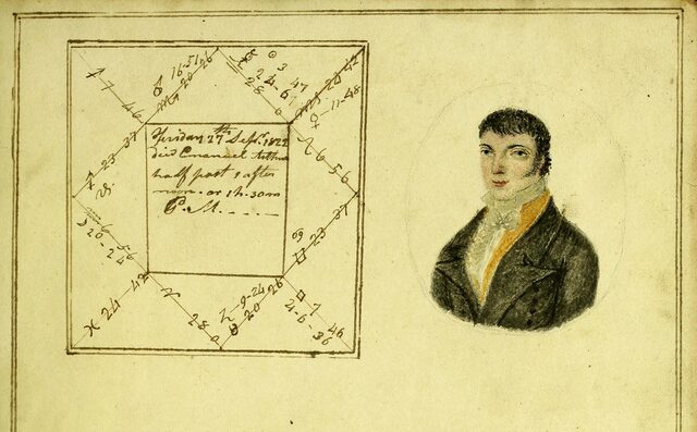 Hand-colored portrait of Francis Barrett beside his own natal chart, from the 1801 first edition of The Magus